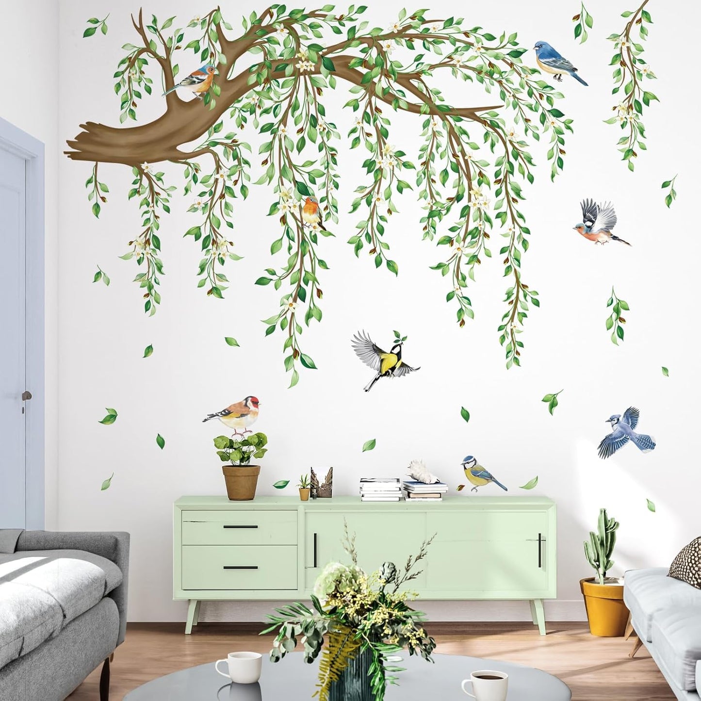 Large Hanging Vine Wall Stickers Tree Branch Green Leaf Flower Birds Wall Decals Living / Green Tree