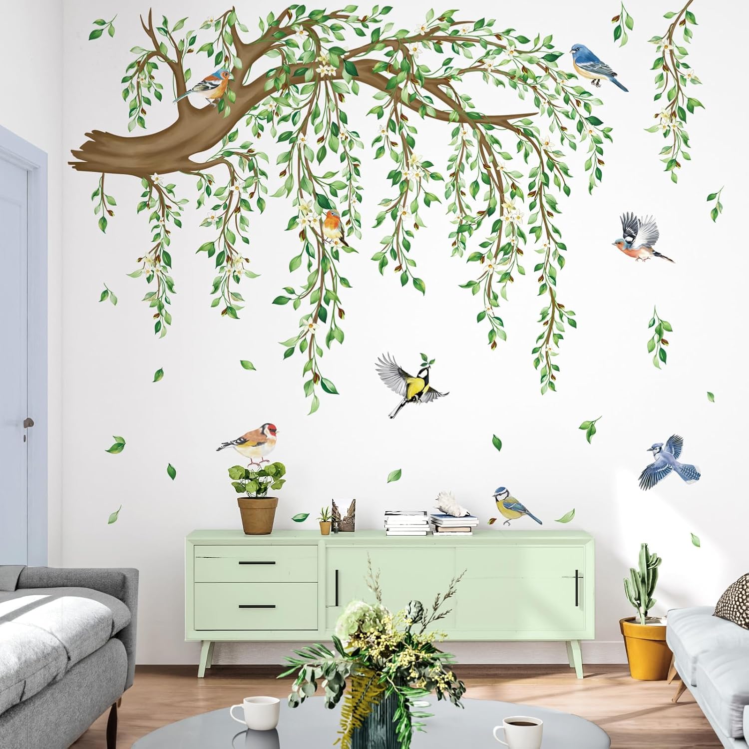 Large Hanging Vine Wall Stickers Tree Branch Green Leaf Flower Birds Wall Decals Living / Green Tree