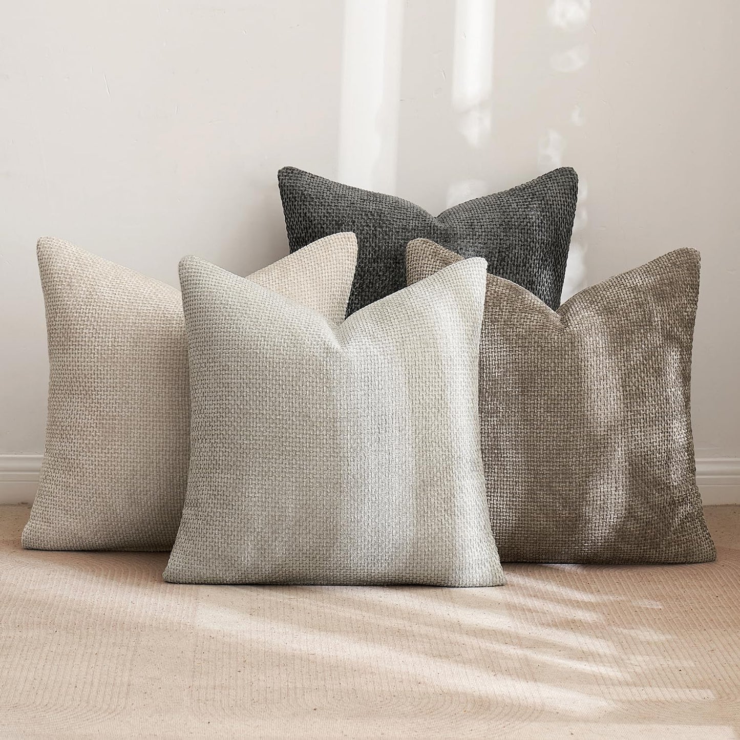 Couch Throw Pillow Covers Soft Decorative Chenille Pillow Covers / 18 x 18 / Neutral / Set of 4