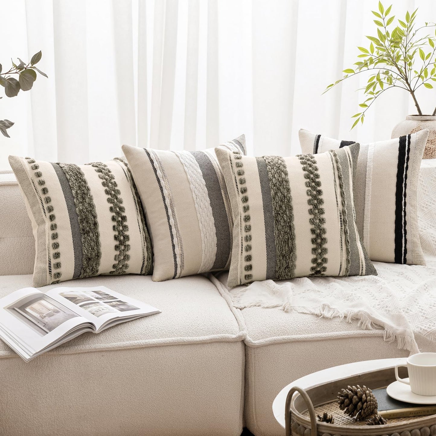 Boho Decorative Throw Pillow Covers Farmhouse Cushion / Black-white Stripe 2 / 18 x 18 / Set of 2