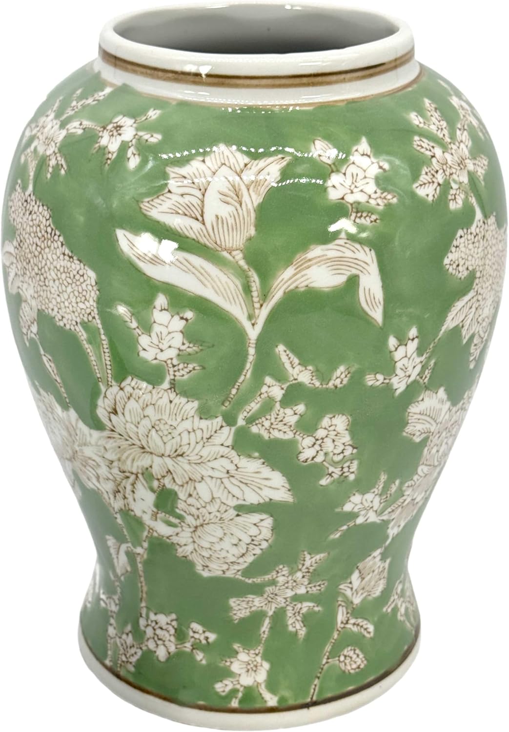 14" Green & White Floral Ceramic Porcelain Ginger Jar Floral Home / 14" Green & White Ginger Jar