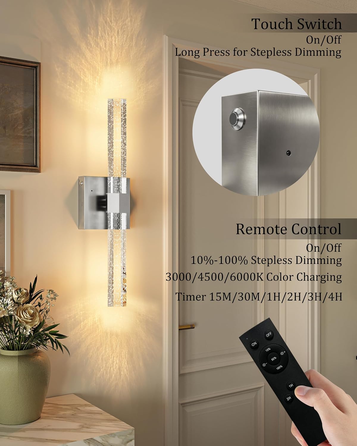 Battery Operated Wall Sconces Set of 2, Nickel, Bubble Crystal, 18.4 Inch | LED Wireless Rechargeable Wall Lights