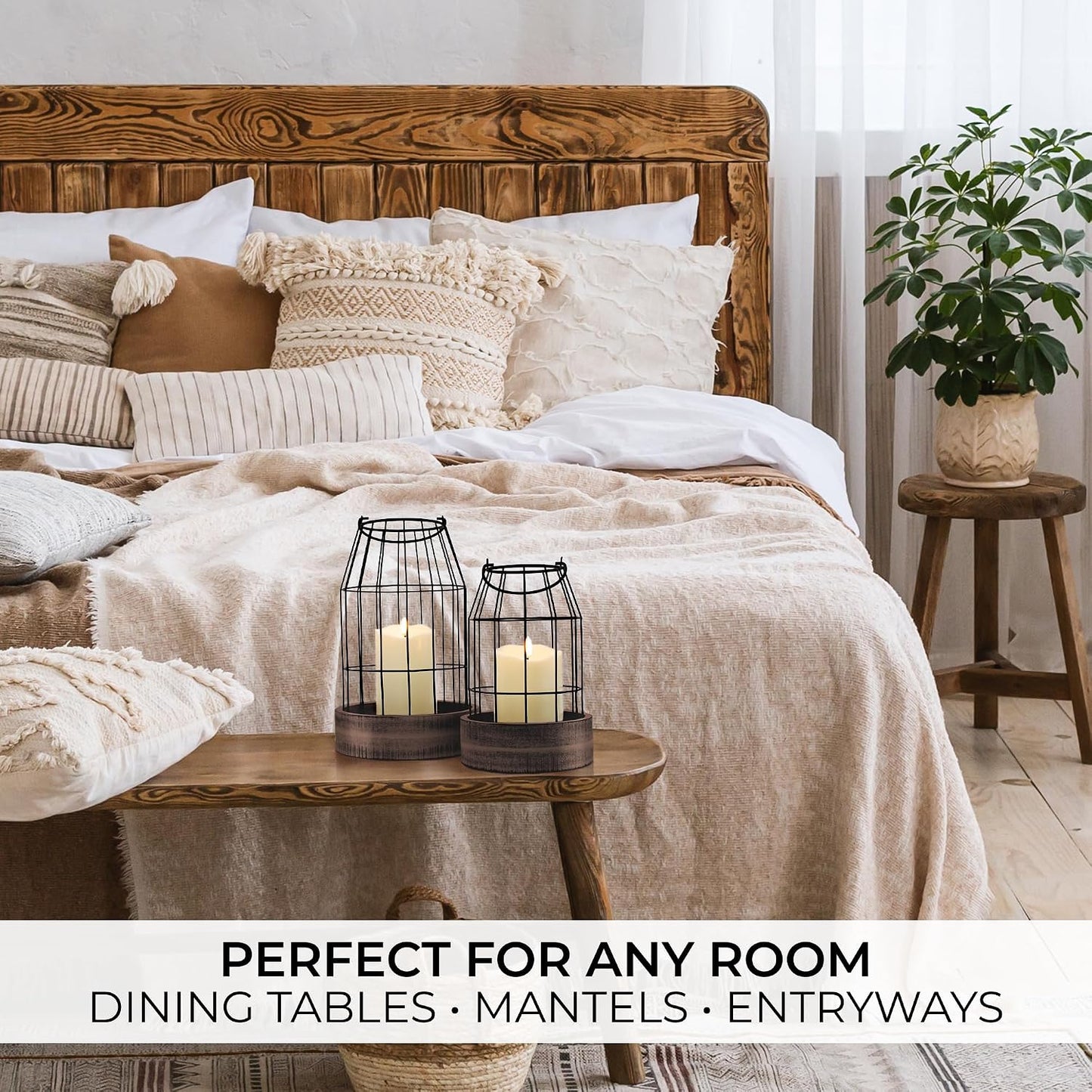 Rustic Farmhouse Lantern Decor Set of 2 - Stylish Decorative Lanterns | Modern Indoor/outdoor Coffee Table Decor for