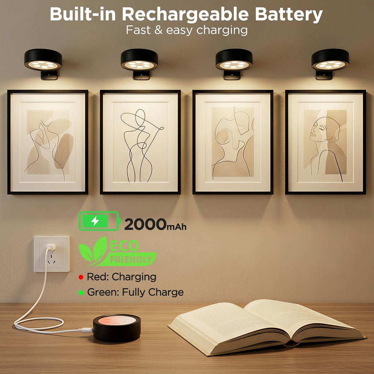 6-Pack Picture Lights for Wall, Rechargeable Wireless Poster Lights, Black | LED Magnetic Painting Lights with