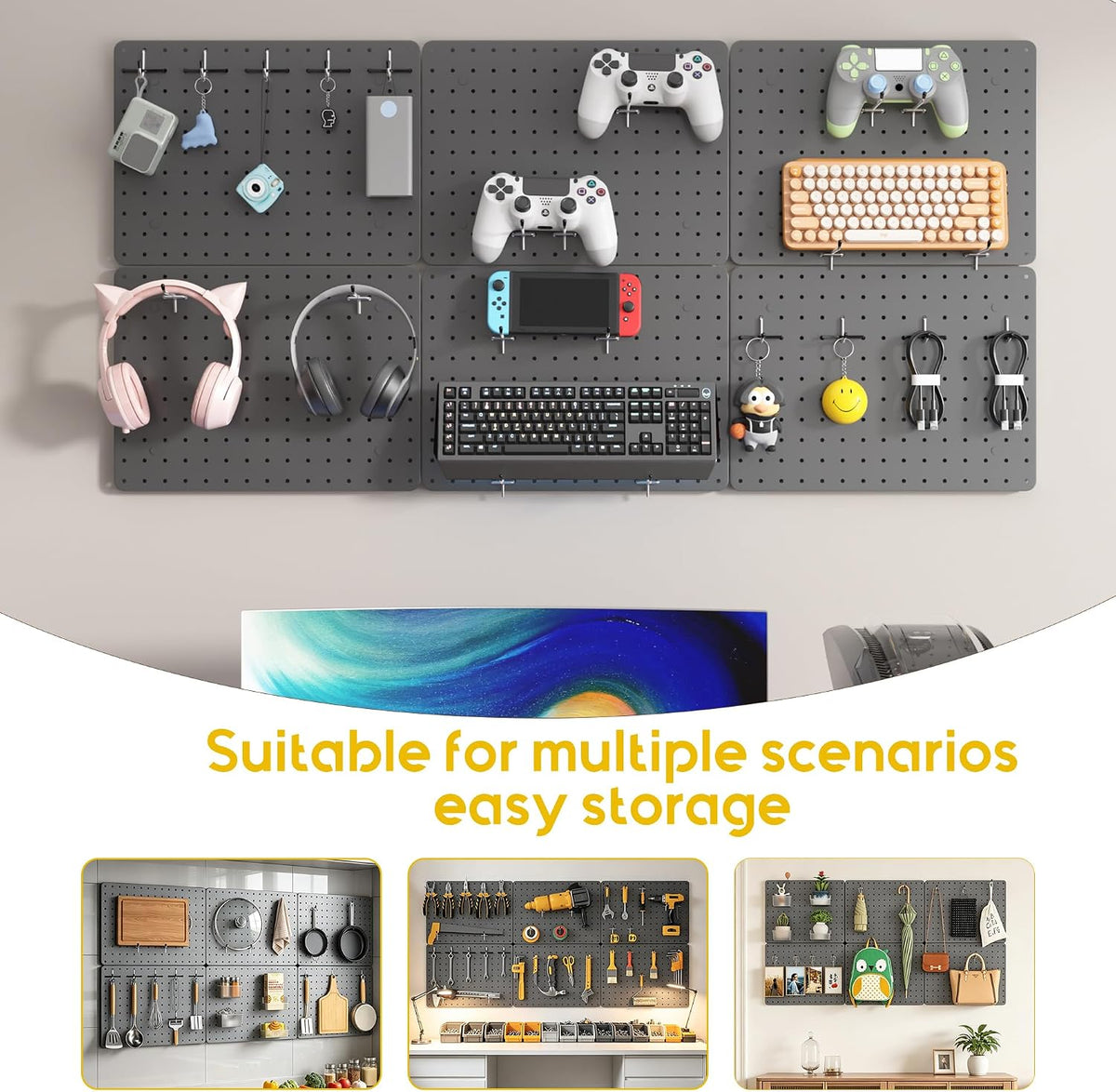 Pegboard Organizer Kit, 6 Pack 12 x 16 in Steel Metal with 6 Bins, Gray | 6 clear storage bins organize screws and