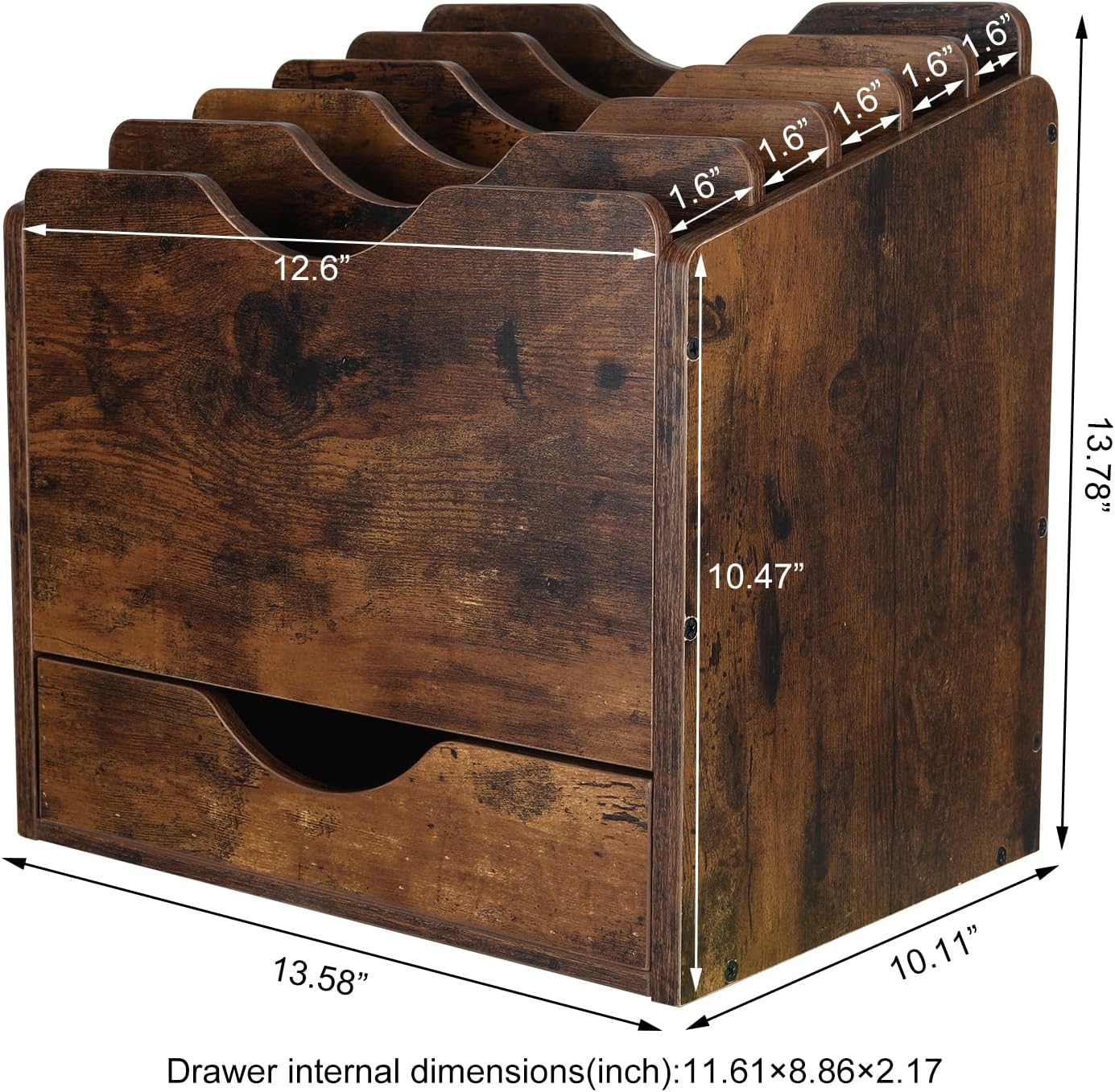 Wood Desktop File Holder Organizer Mail Sorter with Drawer, for File Folders, Mails, Envelopes, Mailing Supplies or