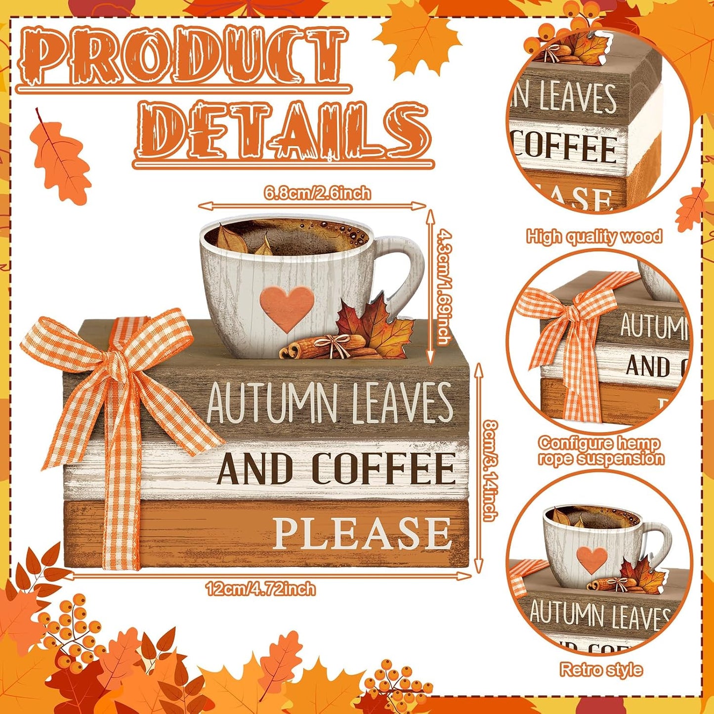 Tiered Tray Decor Rustic Decorative Mini Wooden Faux Book Stack Autumn Maple Leaf / Fall / Set of 4
