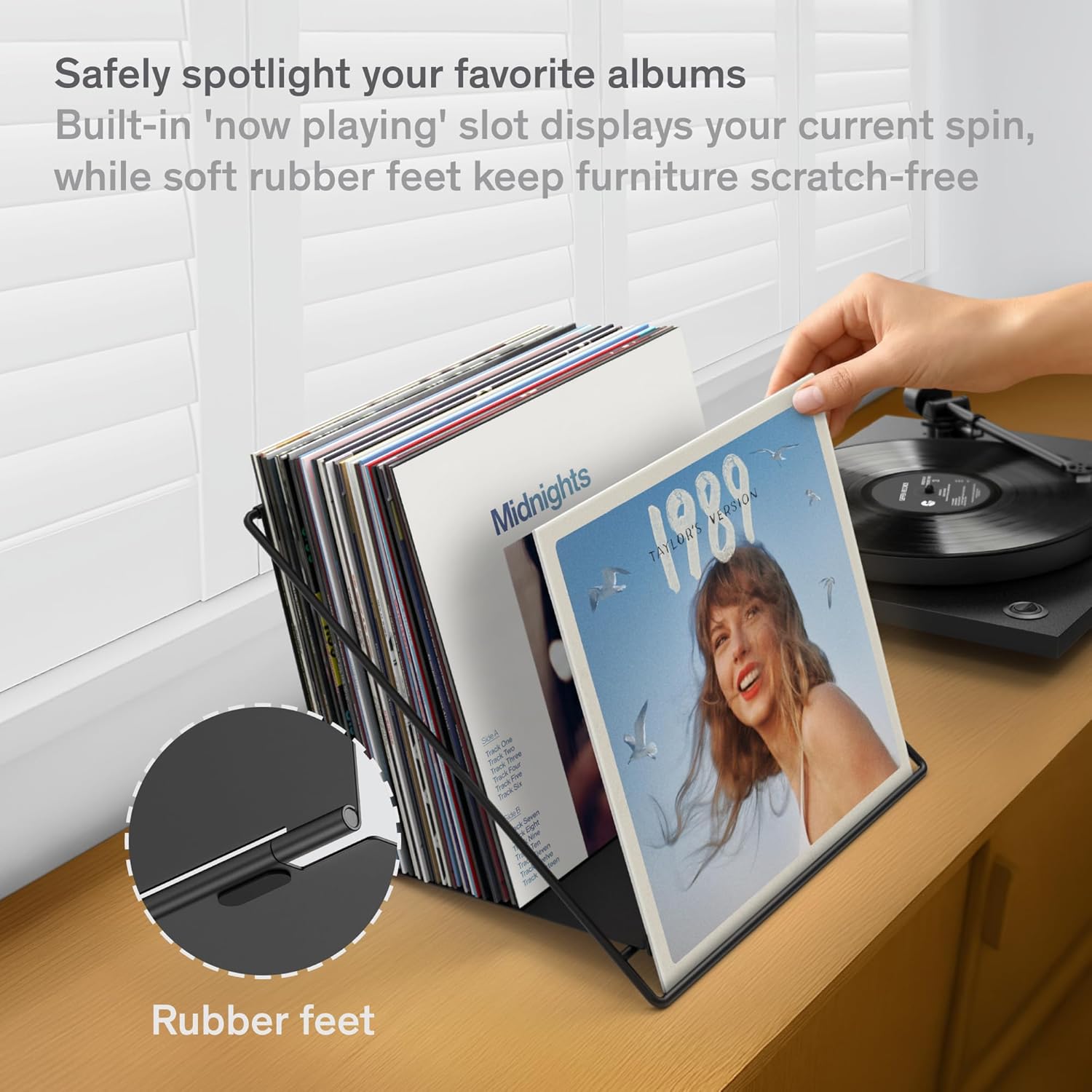 Vinyl Record Storage Rack - Record Holder for 50 LPs, Black | Solid Steel Powder-Coated Finish - Patented Fold-Flat