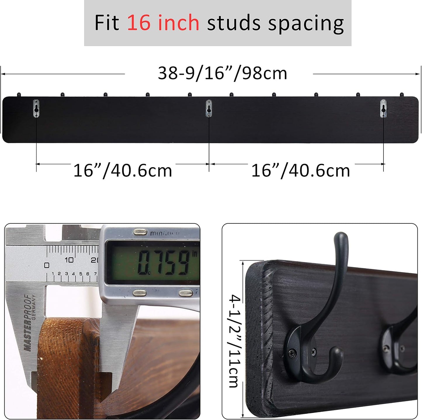 WEBI Coat Rack Wall Mount,10 Hooks,38 9/16" Long Coat Hooks Wall Mounted,16" Hole to Hole,Large Wood Coat Hanger