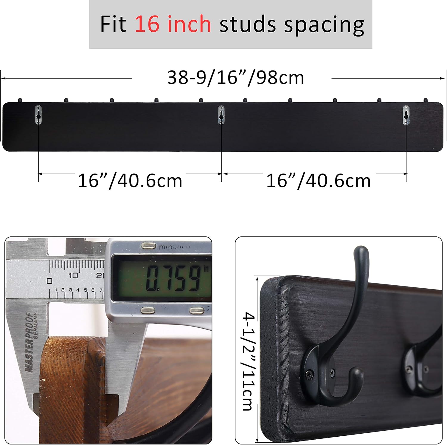 WEBI Coat Rack Wall Mount,10 Hooks,38 9/16" Long Coat Hooks Wall Mounted,16" Hole to Hole,Large Wood Coat Hanger
