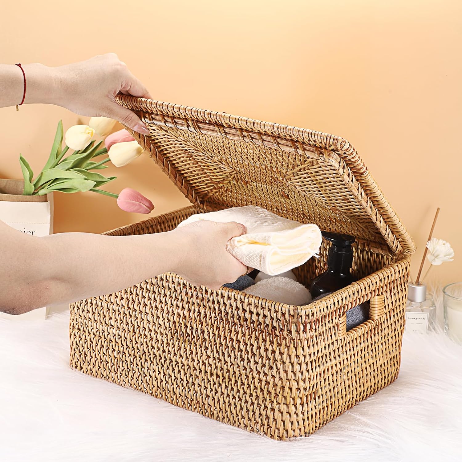Wicker Storage Bins / 13.2"L x 10.2"W x 6.7"H / Natural Color