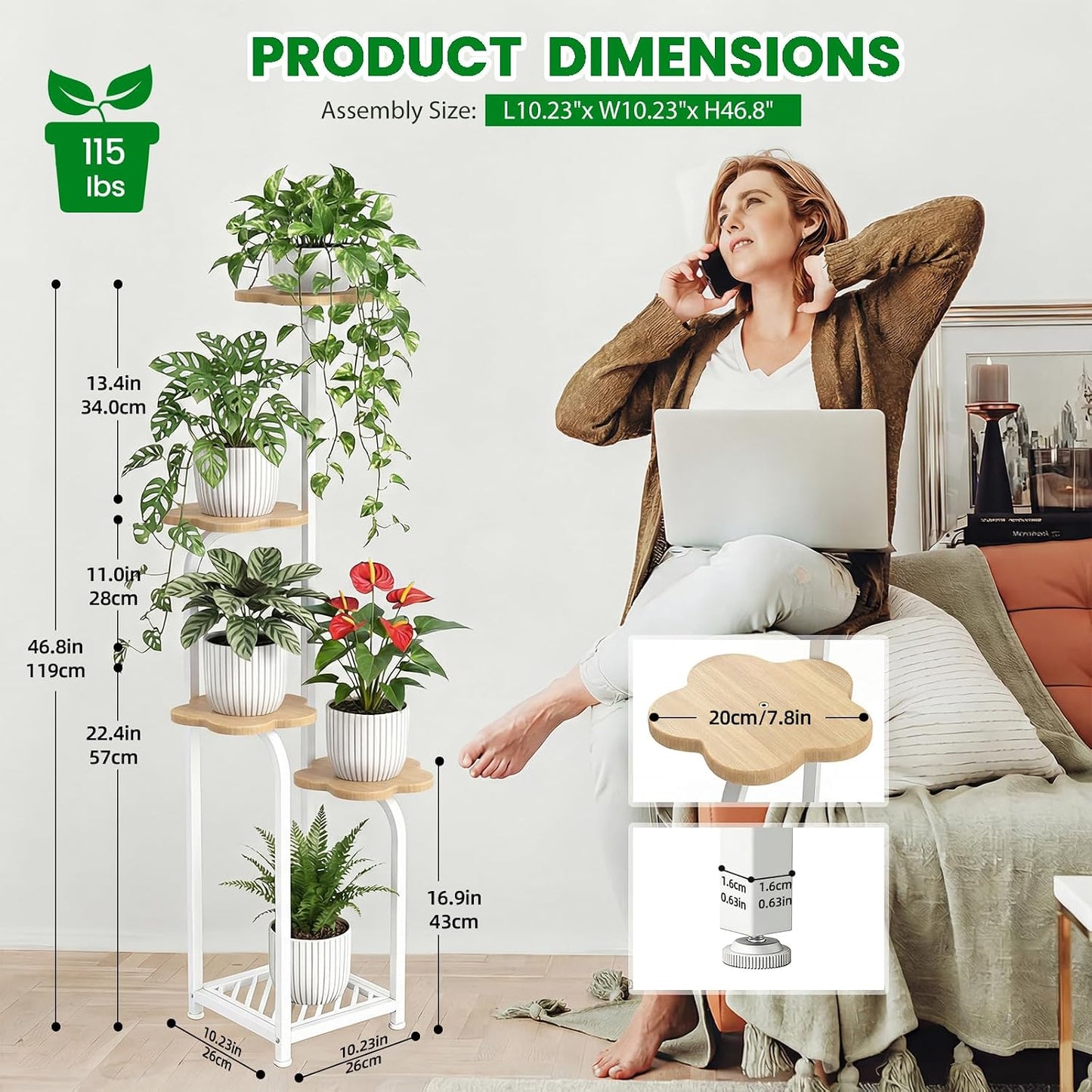 TOSKING Tall 5-Tier Corner Plant Stand Indoor, Anti-Tip, Oak & White,47in | Plywood trays,wide base and heavy-duty