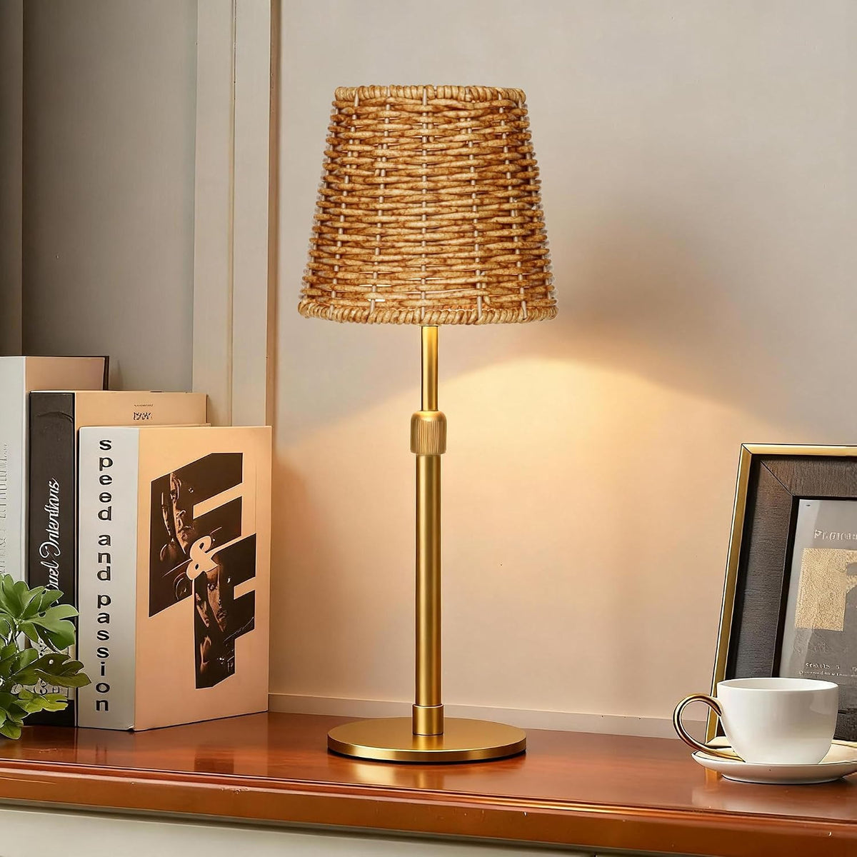 Mr.White Outdoor Waterproof Rechargeable Cordless Table Lamp with Wicker Shade, 5200mAh Battery Operated Table Light