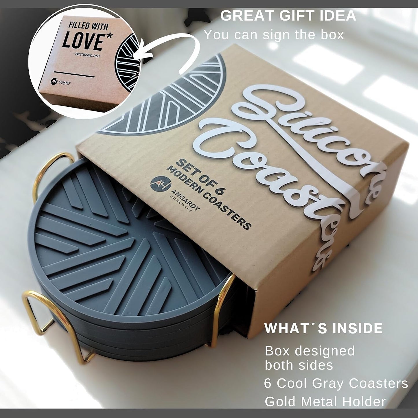 Silicone Coasters for Drinks & Gold Holder / Dusty Blue / Set of 6