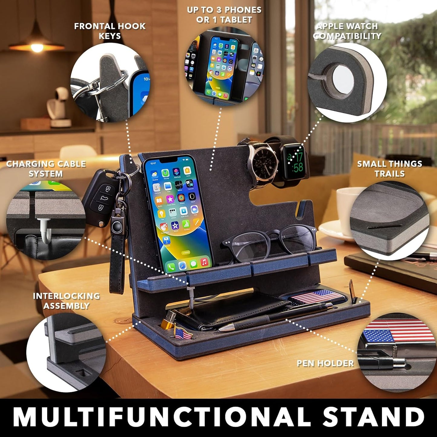 GRETAOTO Wooden Docking Station for Cell Phone, Tablet, Wallet, Gadgets, Watch, Keys, Accessories, Essentials Desk