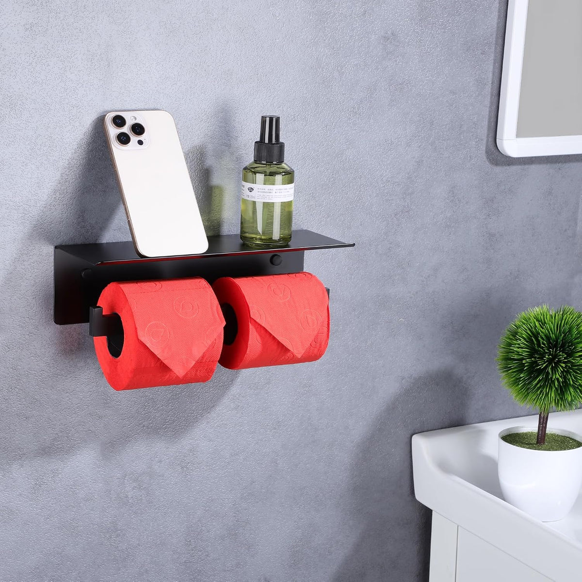LANC Double Toilet Paper Holder with Shelf, Matte Black Commercial Toilet Tissue Roll Dispenser with Phone Shelf
