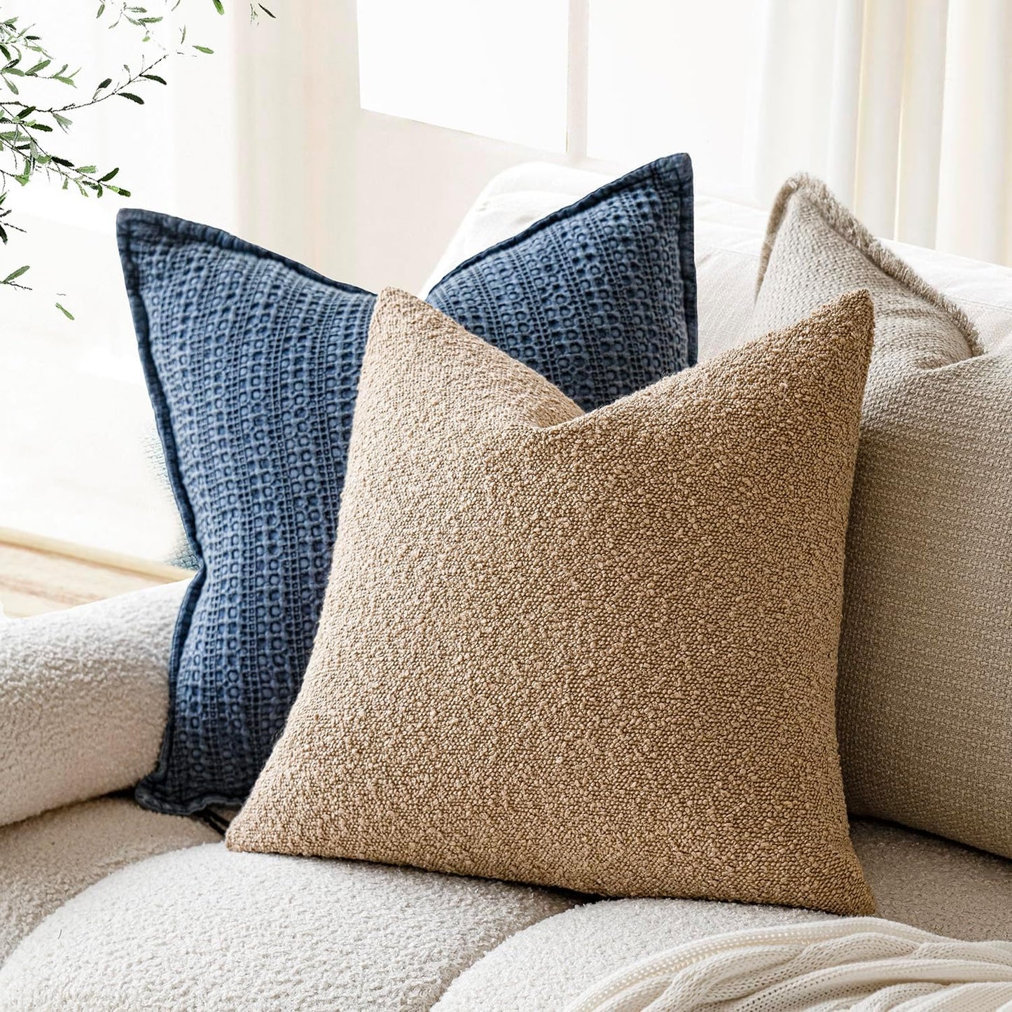 Textured Boucle Throw Pillow Covers Accent Solid Pillow Cases Soft / 18 x 18 / Camel / Set of 2