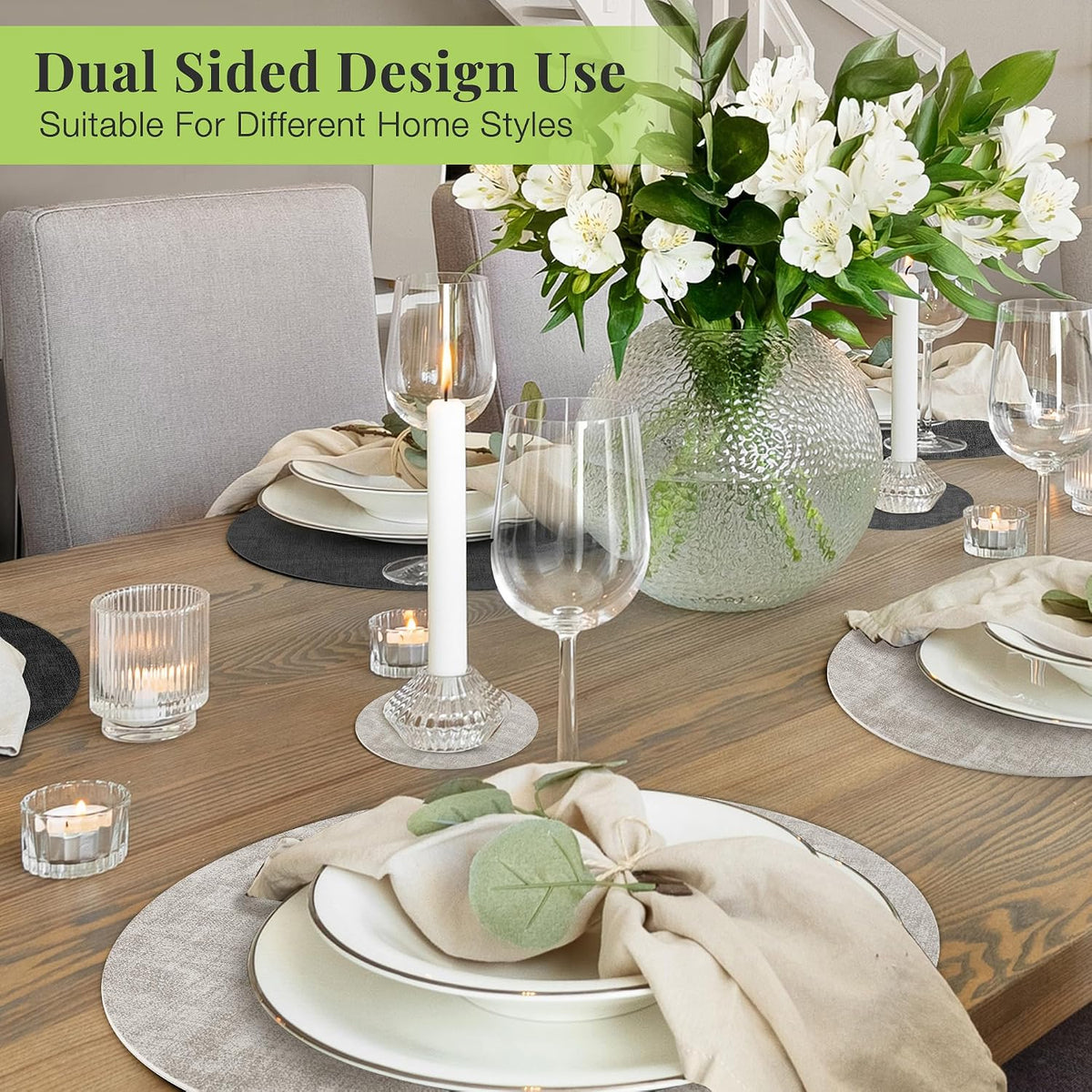 Fyvva Placemats Set of 12, 13" Round Reversible Faux Leather with Coasters | Wipeable & Waterproof Table Mats, Heat