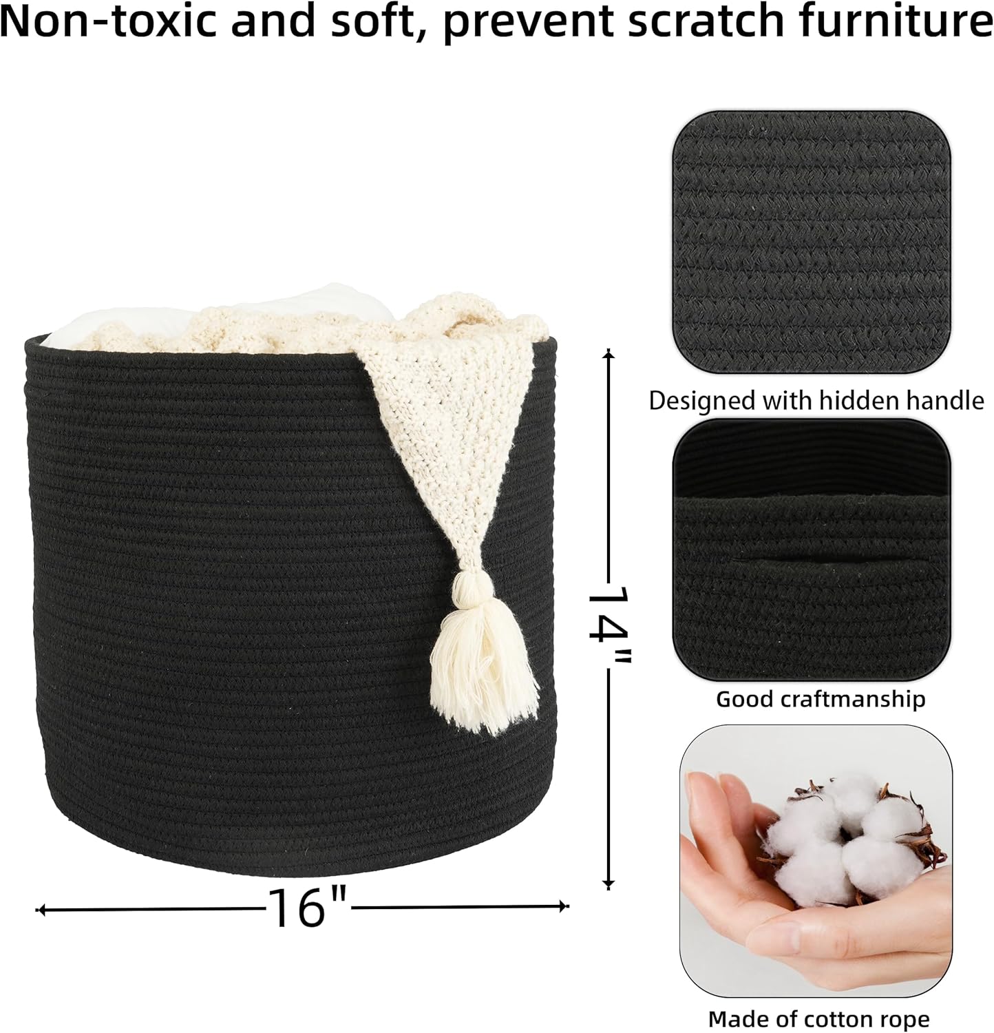 Cotton Rope Basket For Girls Boys Kids " Baby Laundry Basket Nursery Bin Round / Black / 16 x 14