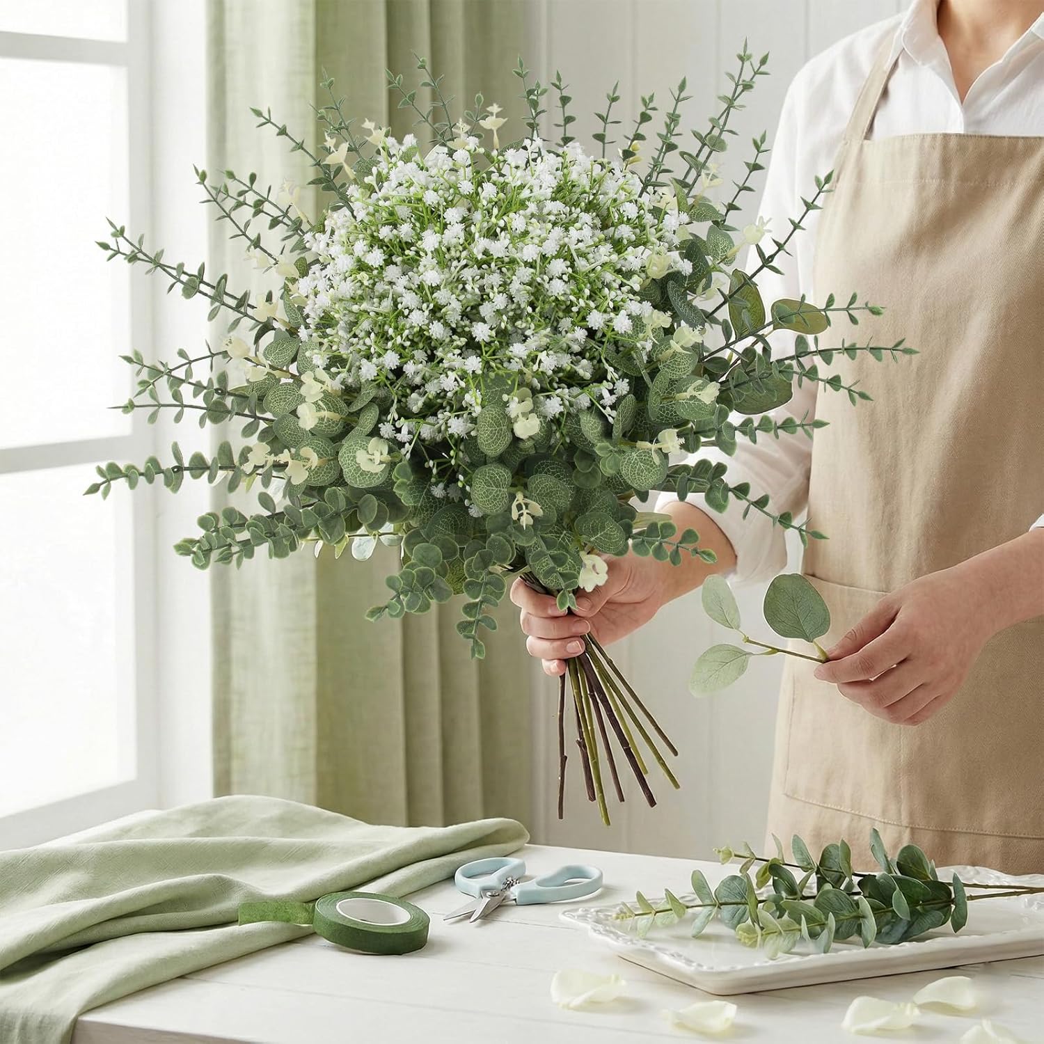 Baby Breath Artificial Flowers Bulk and Eucalyptus Leaves / Green and White / Set of 100