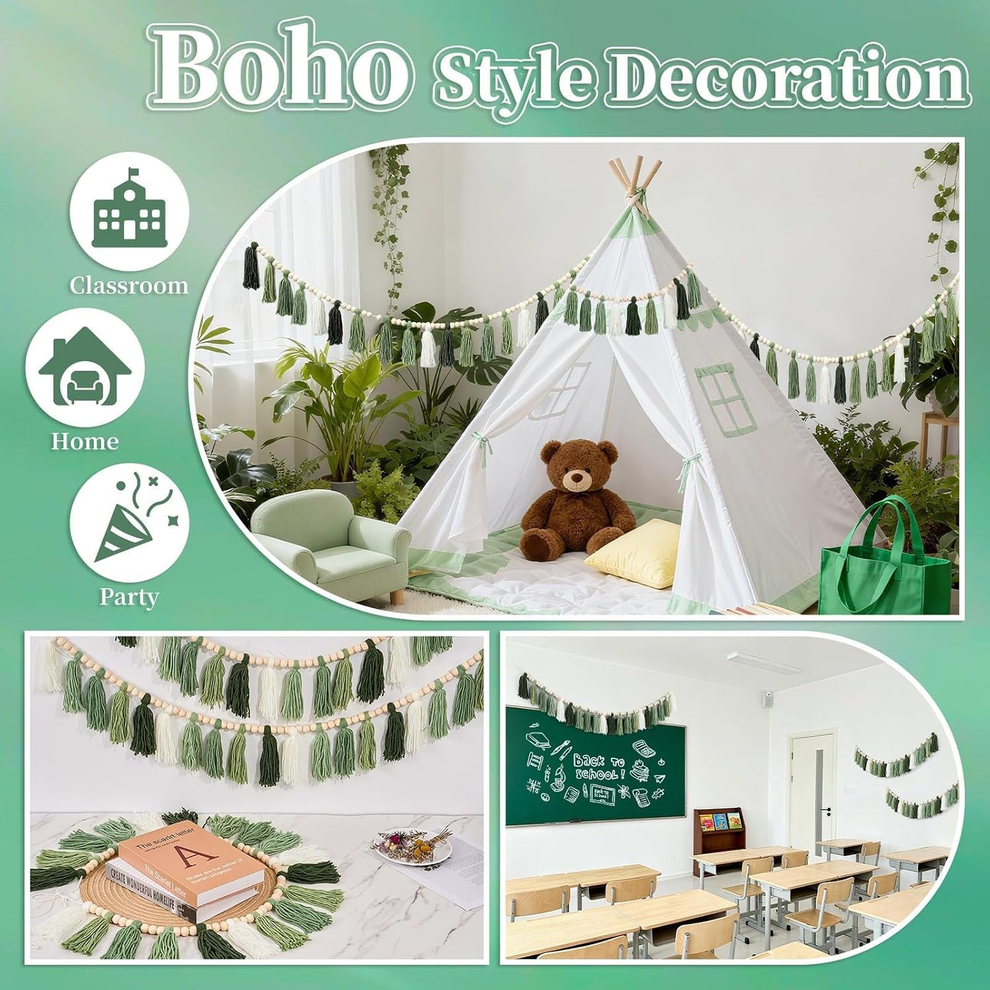 Boho Yarn Tassel Garlands Sage Wall Hanging Decoration / Green / Set of 3