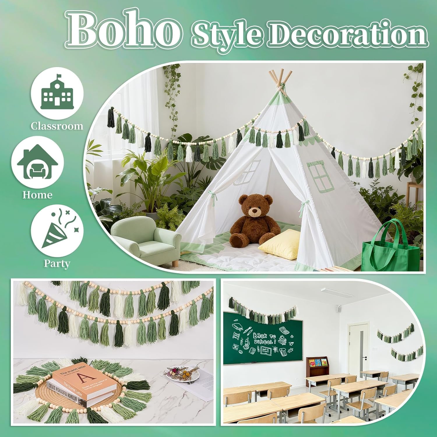 Boho Yarn Tassel Garlands Sage Wall Hanging Decoration / Green / Set of 3