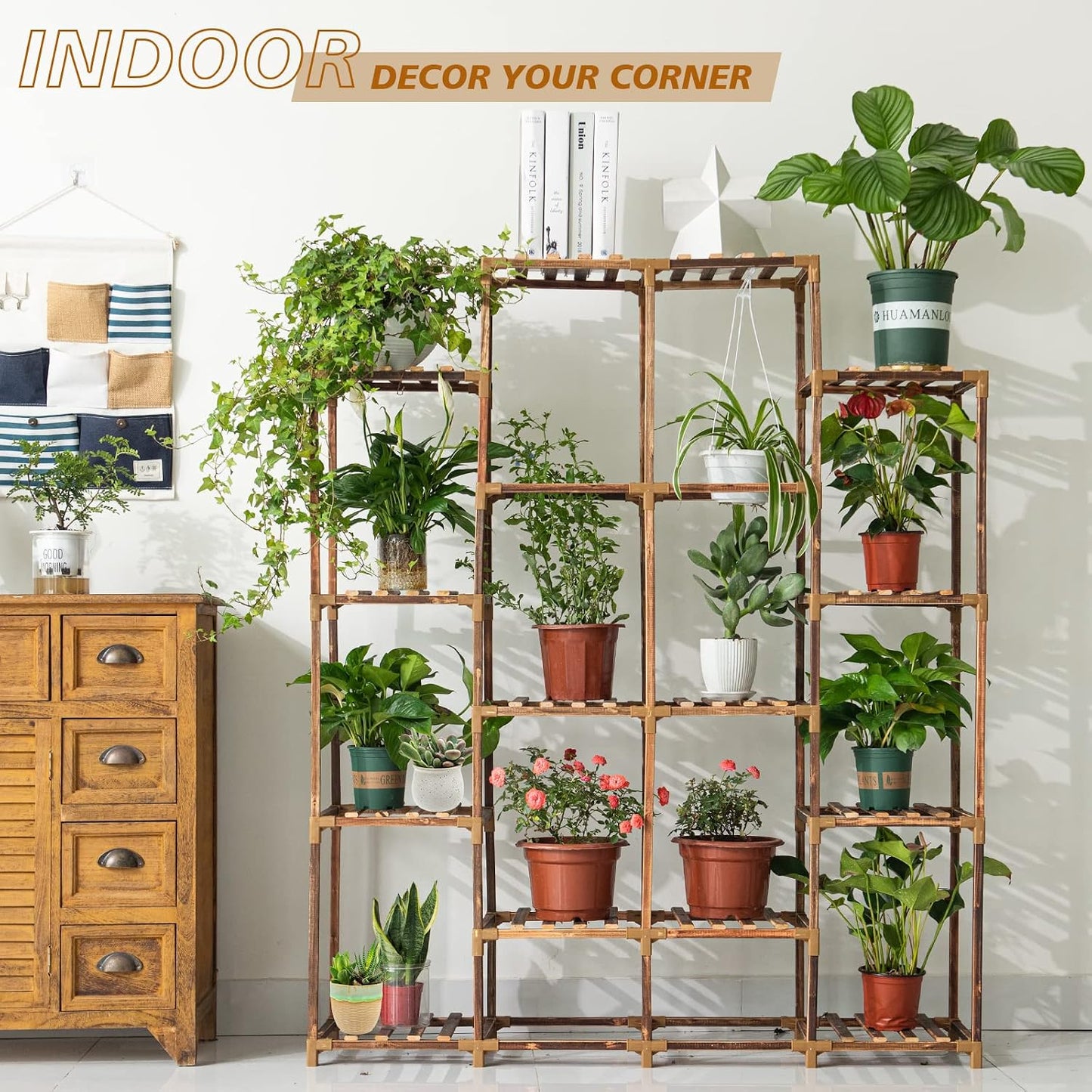 Plant Stand Indoor Outdoor, 14 Tiered Plant Shelf Wood Plant Rack | Tall Plant Holder for Multiple Plants, Large Ladder