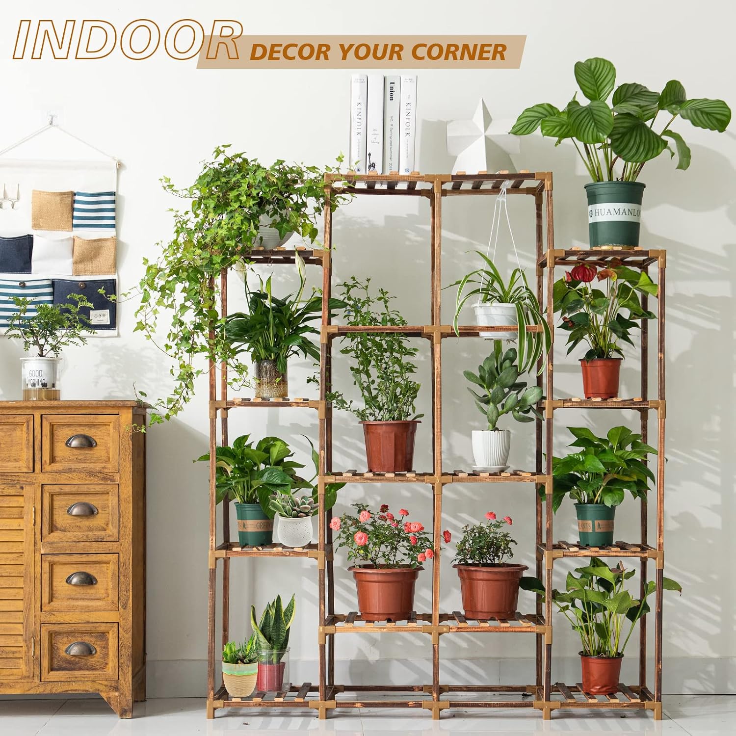Plant Stand Indoor Outdoor, 14 Tiered Plant Shelf Wood Plant Rack | Tall Plant Holder for Multiple Plants, Large Ladder