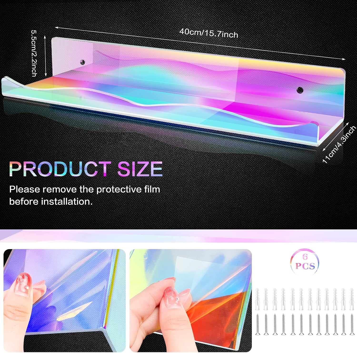 DILIBRA 6 Packs Iridescent Clear Acrylic Floating Shelves, 15.7 Inch Large | Set up for Funko Pop Display Case Picture