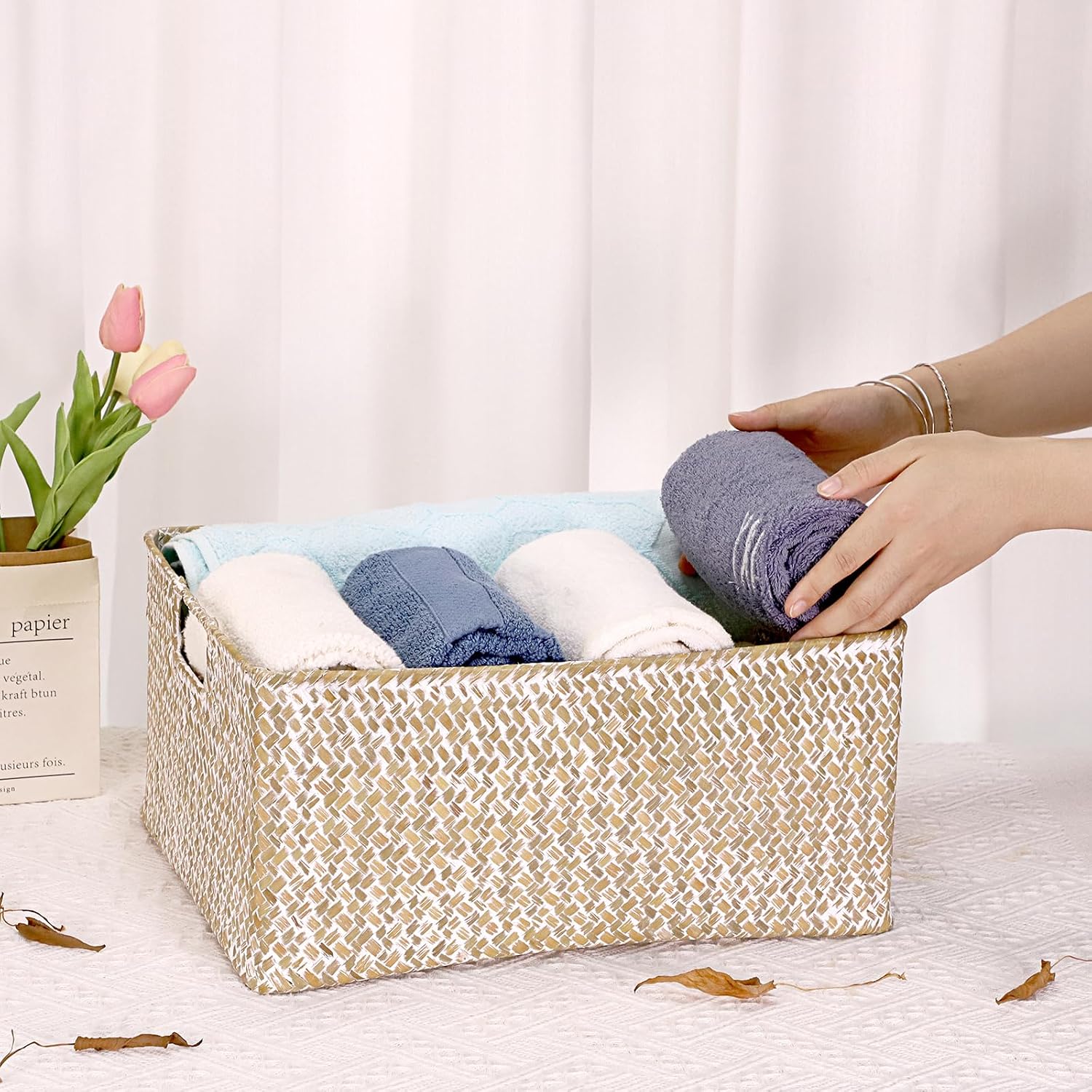 Seagrass Storage Basket Bin Rectangular Handwoven Wicker / 16.1 x 11.8 x 7.7 / Large / Whitewash