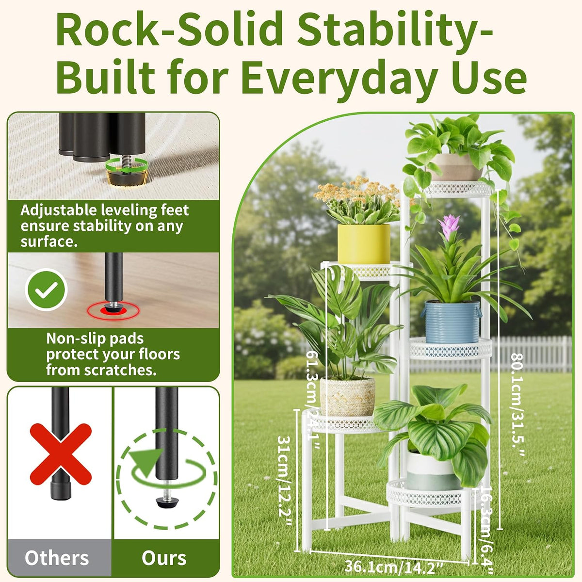 Metal Plant Stand Indoor Outdoor, 5 Tier Tall Flower Pot Holder Potted Display Rack Shelf, Heavy Duty Corner Plant