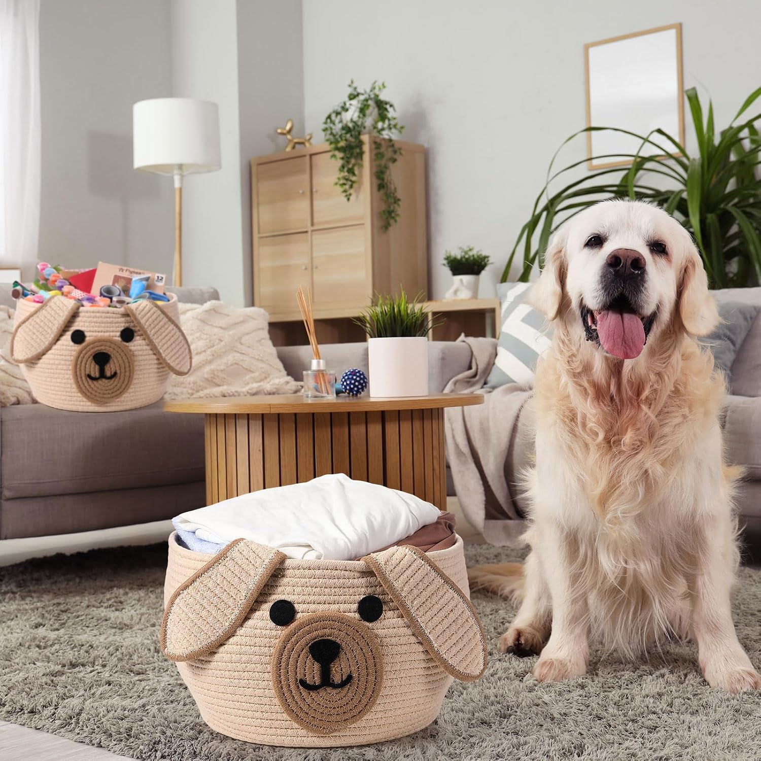 Dog Woven Basket Woven Cotton Rope Puppy Animal Storage Basket for Laundry Toy Gift / Khaki / 13 x 8