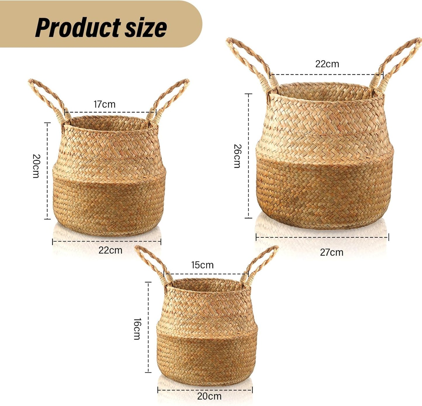 Seagrass Belly Storage Basket Woven Plant Pot Holder / Natural Color / Set of 3