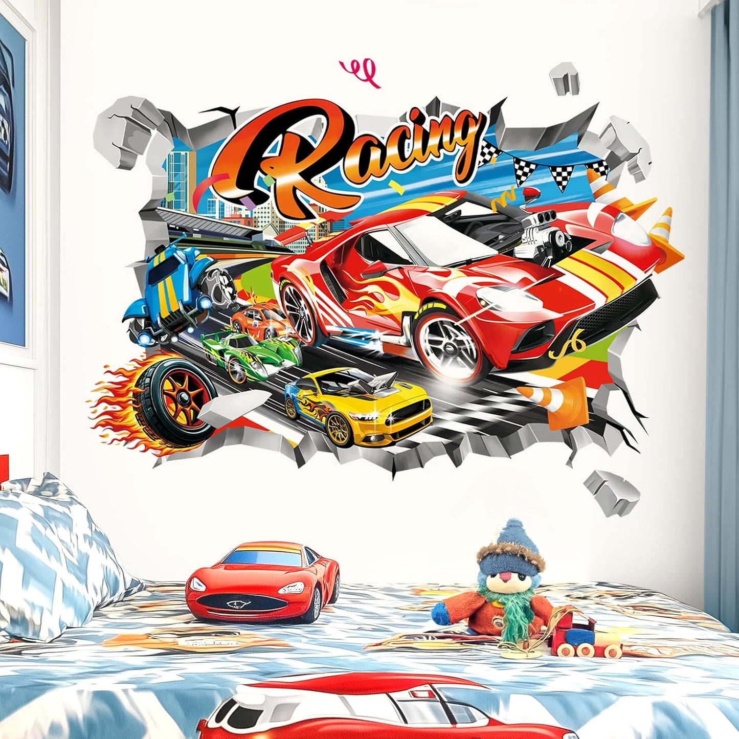 3D Racing Cars Wall Stickers Break Through Cars Flags Wall Decals Boys Bedroom Kids Room / Red