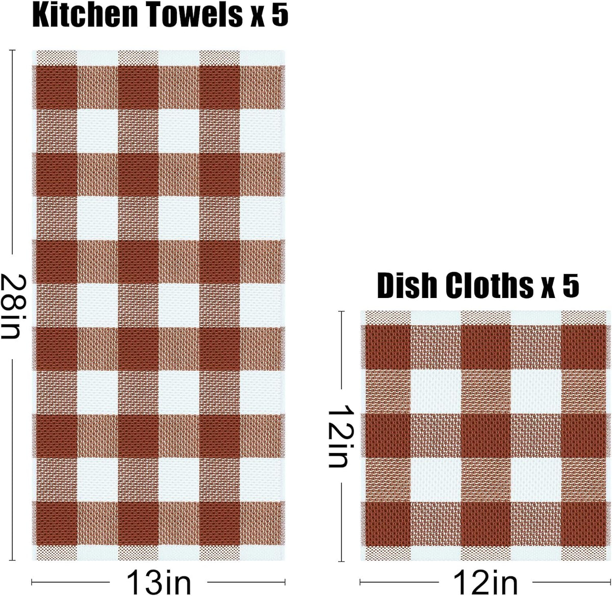 Homaxy Kitchen Towels and Dishcloths Set, Set of 10, White & Rust | Bulk Cotton Waffle Weave Check Plaid Kitchen