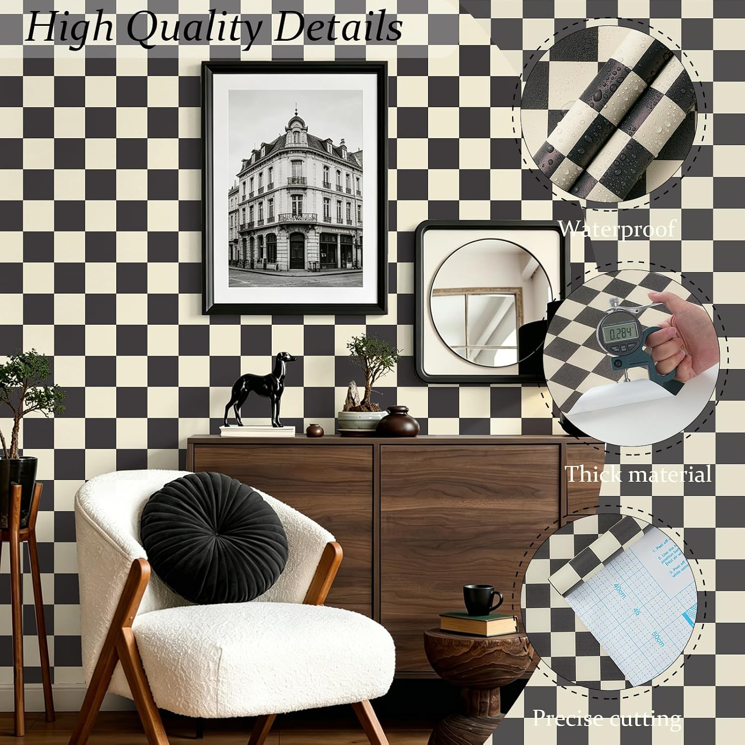 Checkered Wallpaper Black and White Cream Peel and Stick Wallpaper / 17.3 x 393.7 / Black and Cream