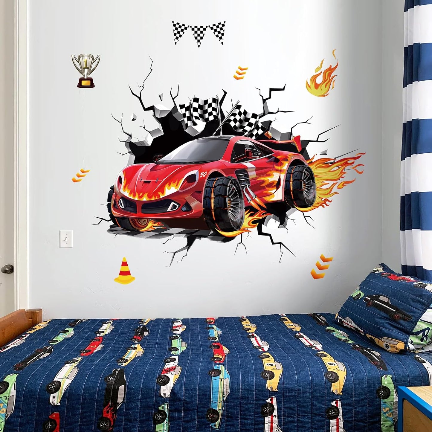 3D Racing Cars Wall Decals Cars Flags Wall Stickers Baby Nursery Boys Bedroom Kids Room / A / Red
