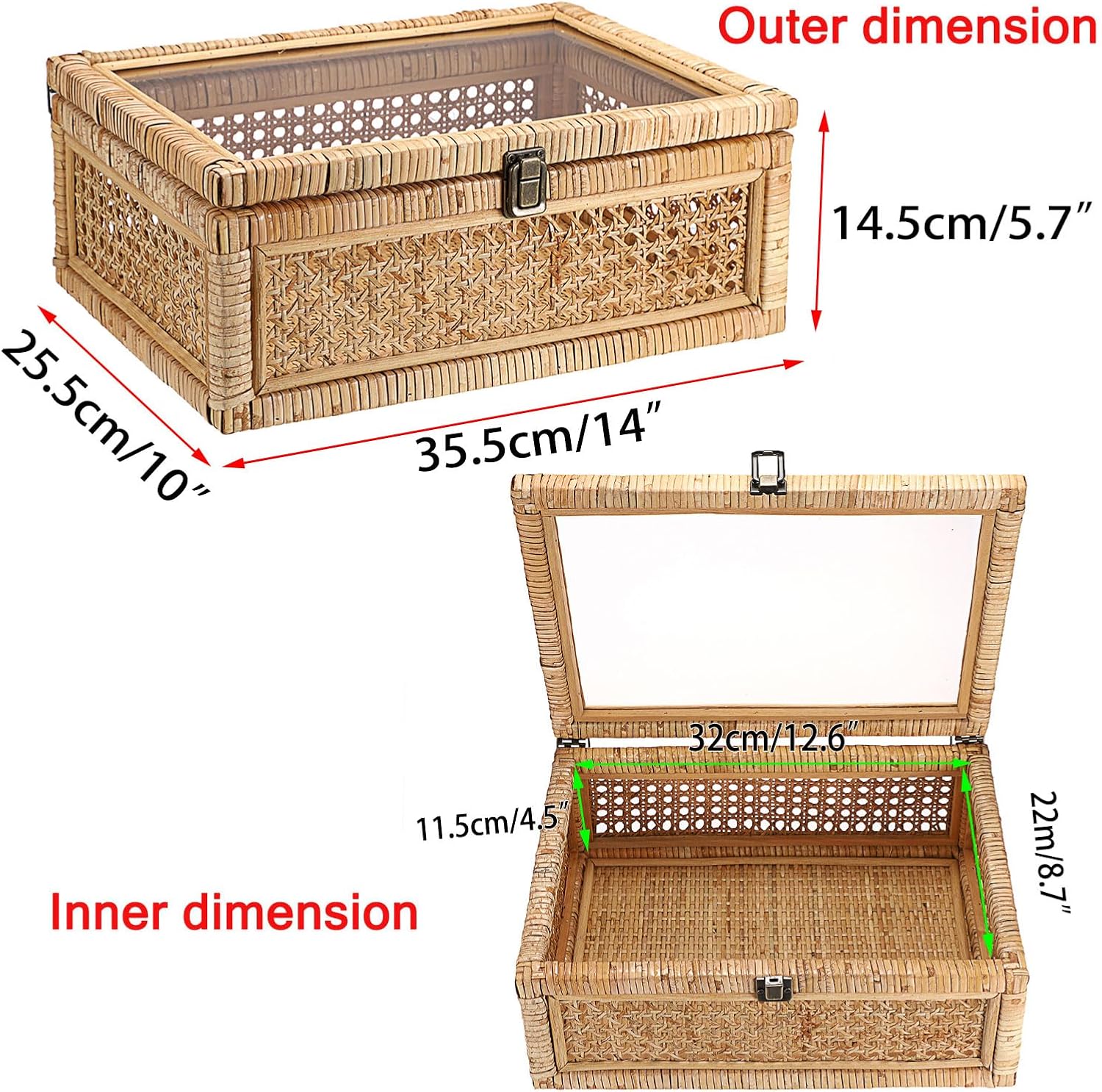 Clear Lid Rattan and Wood Display Boxes Handcrafted Shelf / 14 x 10 x 5.7 / Large / Natural Color