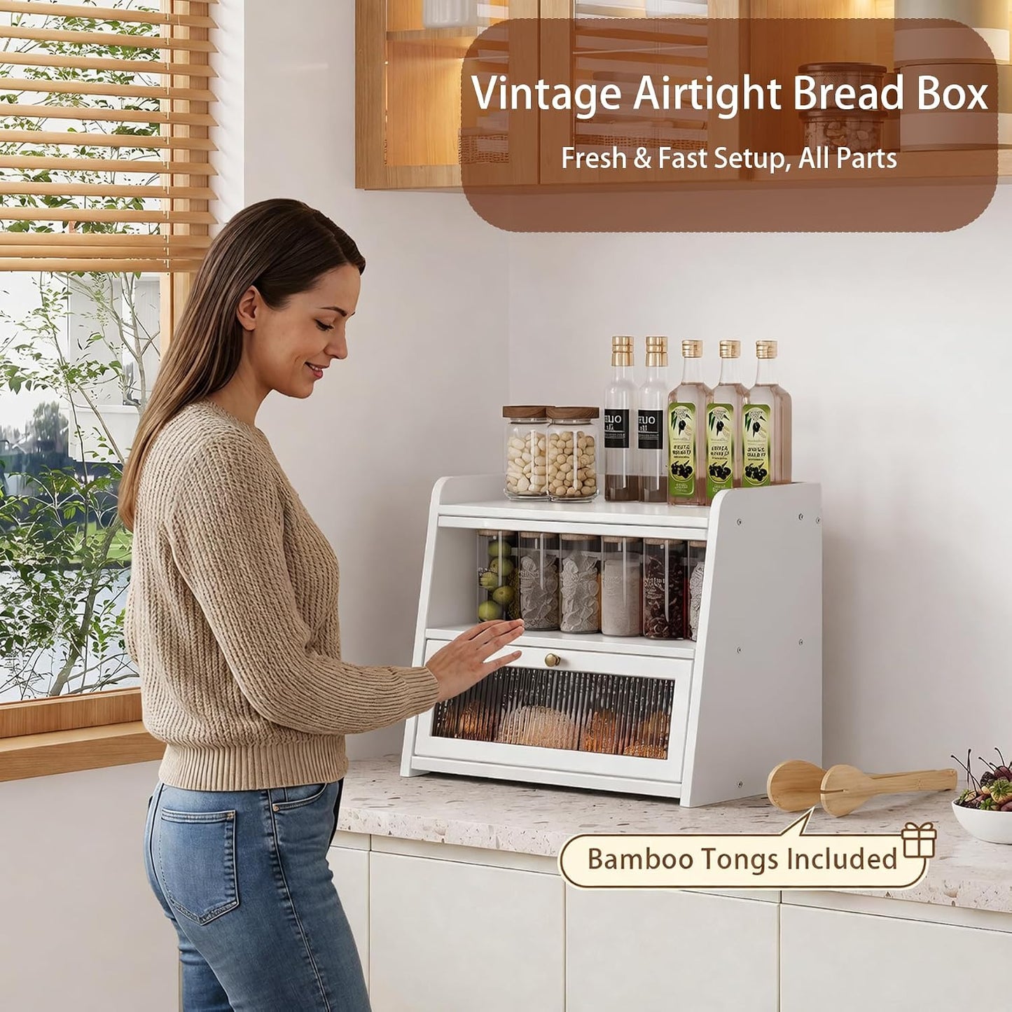 Double Layer Large Bamboo Bread Box for Kitchen Counter, Wooden Large Capacity Bread Storage Bin with Window Bread