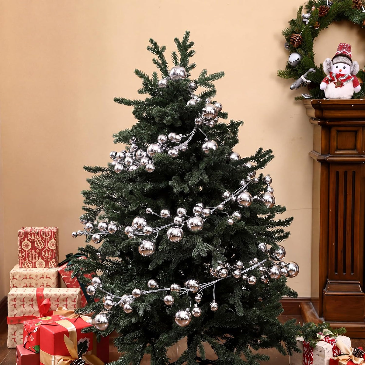 2 Pcs 15 ft Christmas Ball Ornament Garland, Silver | Bauble Bulb Christmas Tree Ball Decoration Shatterproof Ornaments