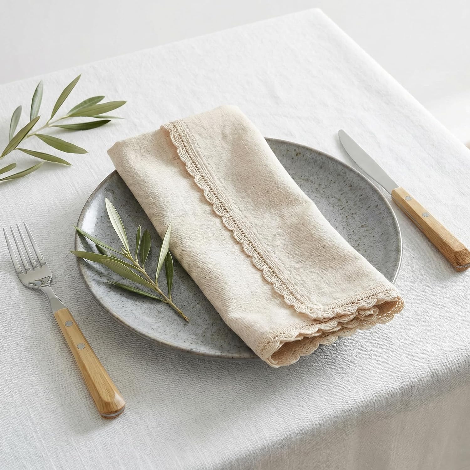 Set of 12 Flax Lace Cloth Napkins 20x20 Inch - Natural | Premium Linen Cotton Reusable Dinner Napkin for Wedding