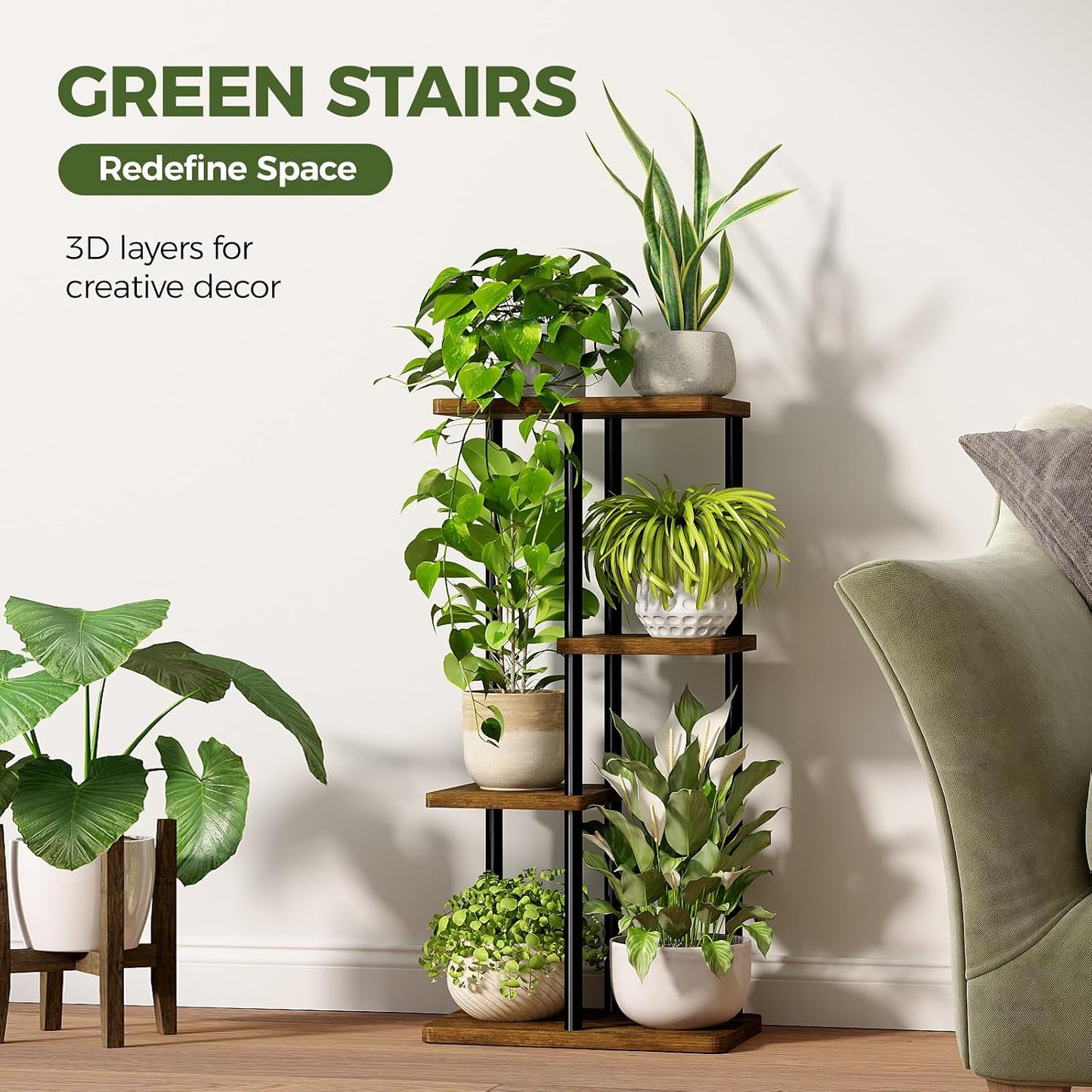 Bamworld Plant Stand 4 Tier Corner Metal Shelf Brown | Tiered shelf displays multiple plants in living rooms, bedrooms