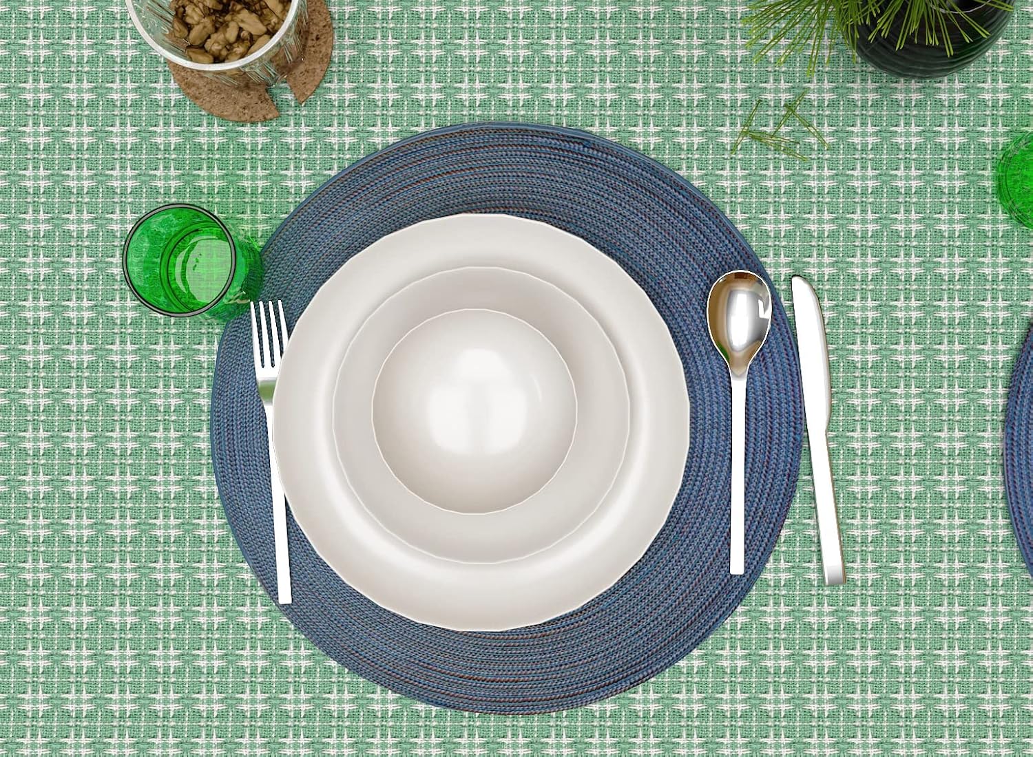 Table Cloth, Sage/White Woven Fringed, 100% Cotton Table Cover, Size 52x70 Inch, Suitable for Formal Dining, Everyday