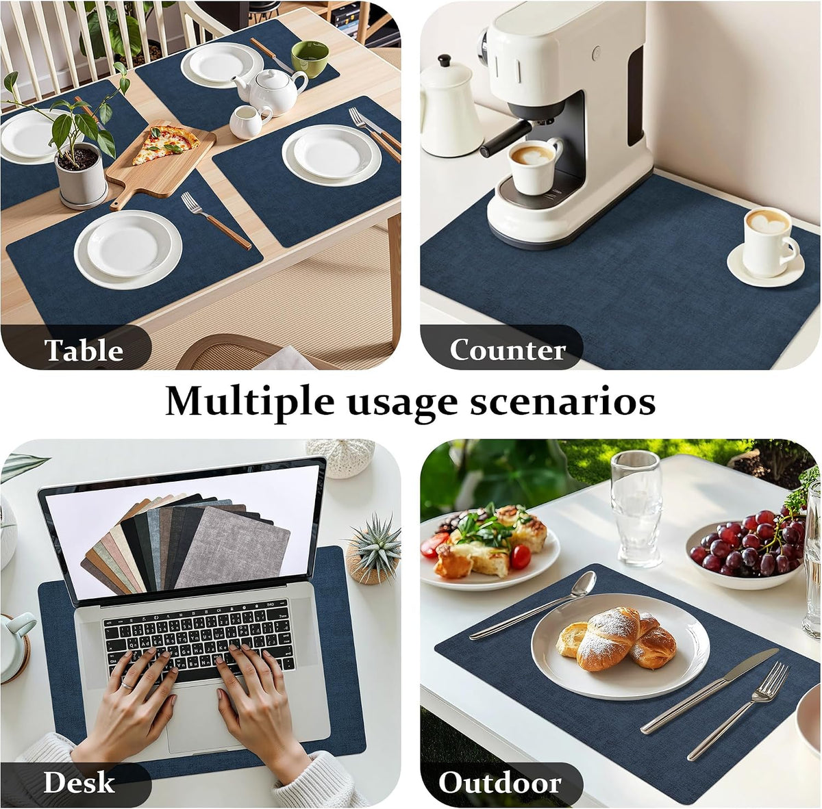 FROMHEART Faux Leather PU Placemats Set of 8 (Dark Blue,11.8" x 17") | Waterproof,Heat/Oil Stain-Resistant Table