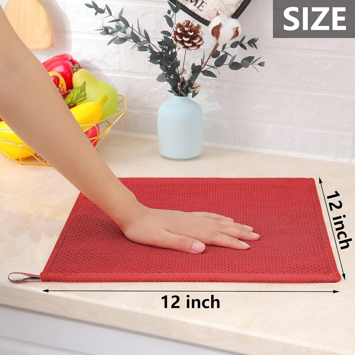 Homaxy 100% Cotton Waffle Weave Kitchen Dish Cloths 12-Pack, Brick Red | 12 x 12 Inches, Ultra Soft Absorbent Dish