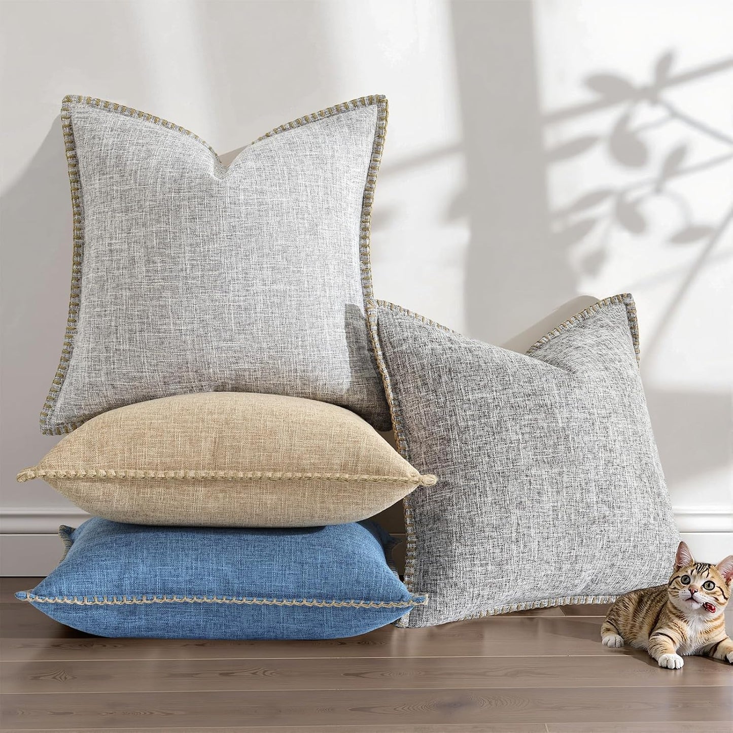 Fall Decorative Throw Pillow Covers Square Faux Linen Farmhouse Pillow / Blue / 18 x 18 / Set of 2