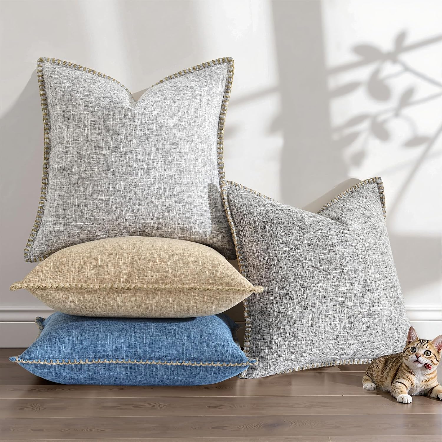 Fall Decorative Throw Pillow Covers Square Faux Linen Farmhouse Pillow / Blue / 18 x 18 / Set of 2