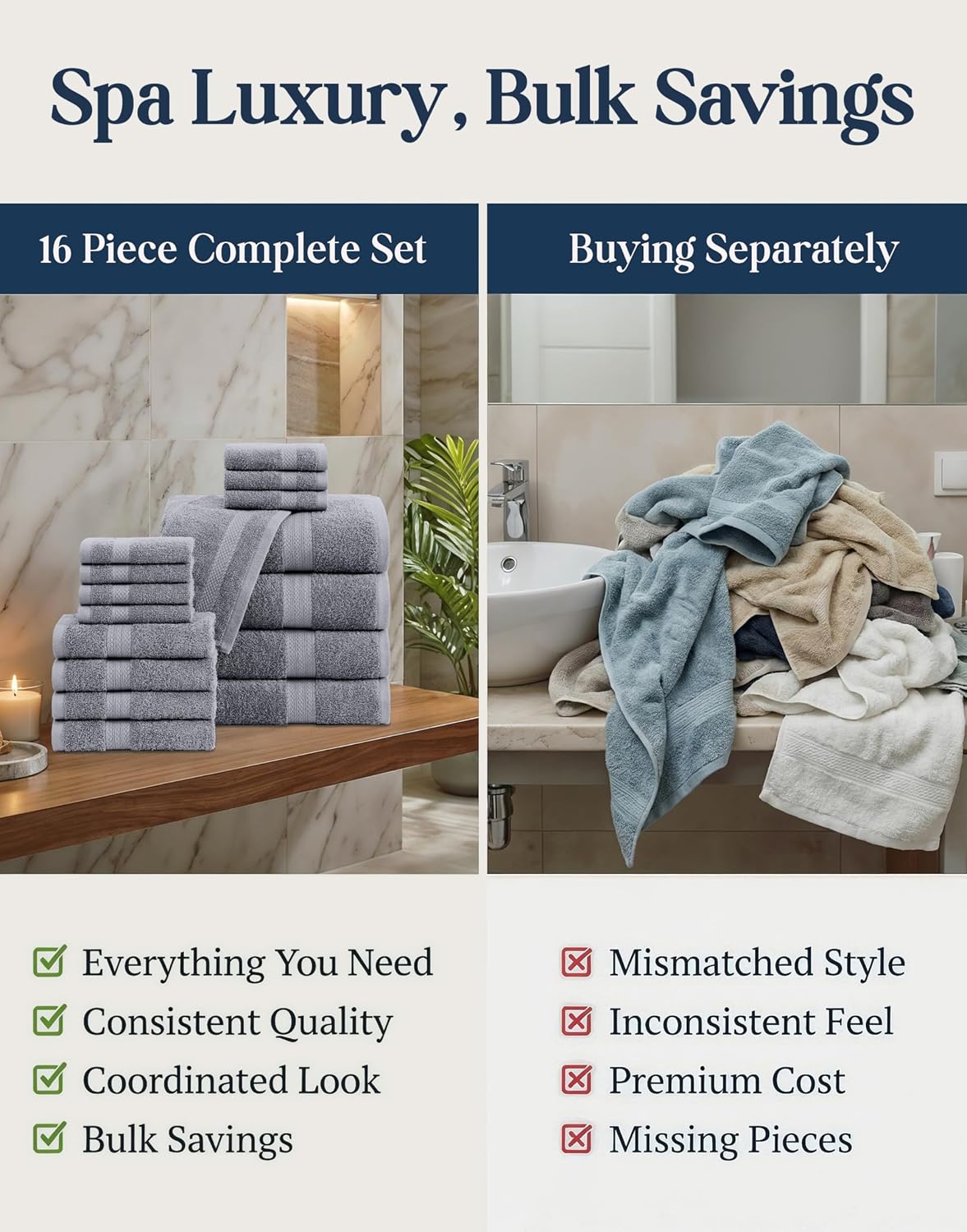 LANE LINEN Towel Set for Bathroom 16 Piece Soft Absorbent - Cool Grey | Towels And Washcloths Sets - Oversized & Roomy