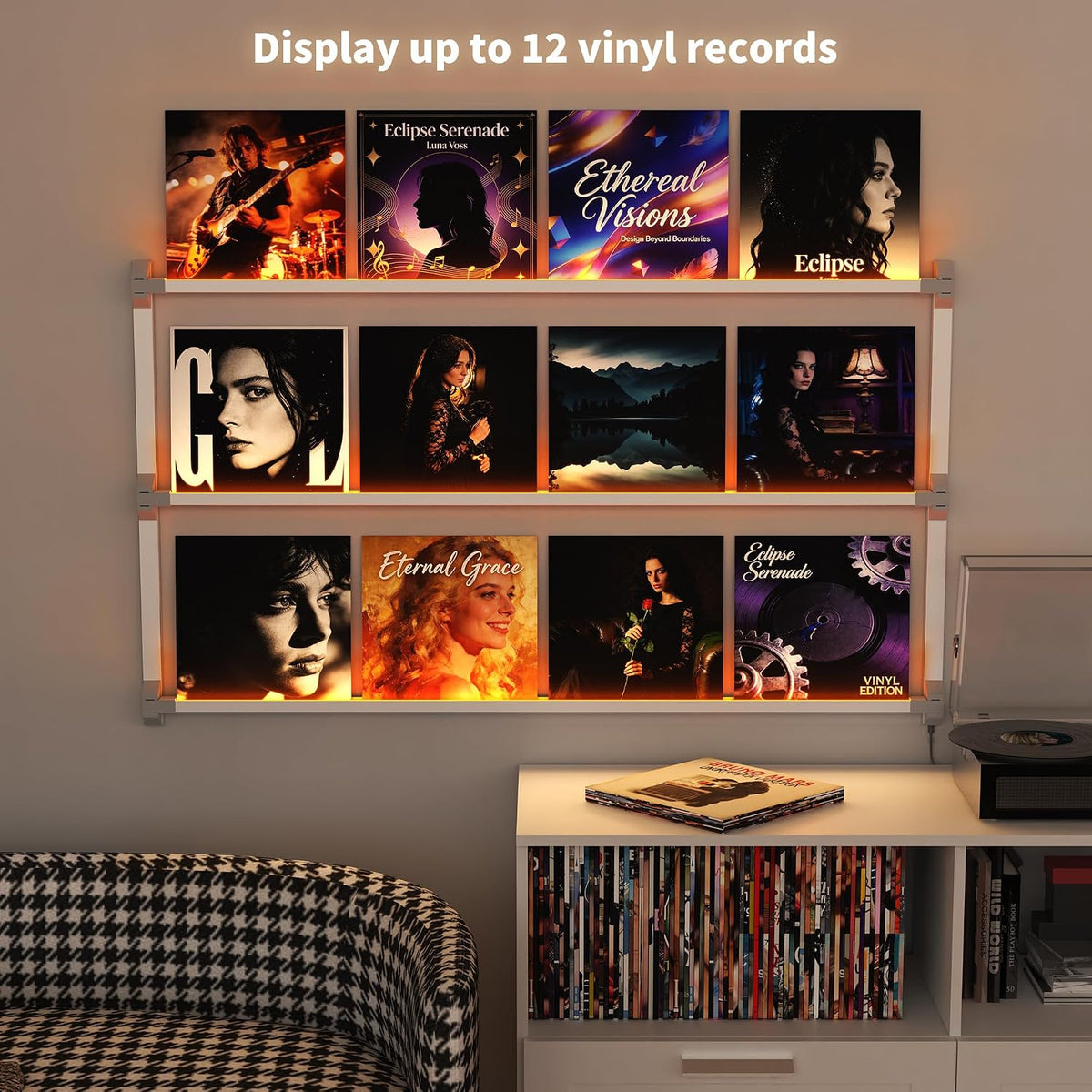 Vinyl Record Shelf Wall Mount with LED Lights, Floating Shelf for Vinyl Record Display, 51-INCH Aluminum Alloy Record