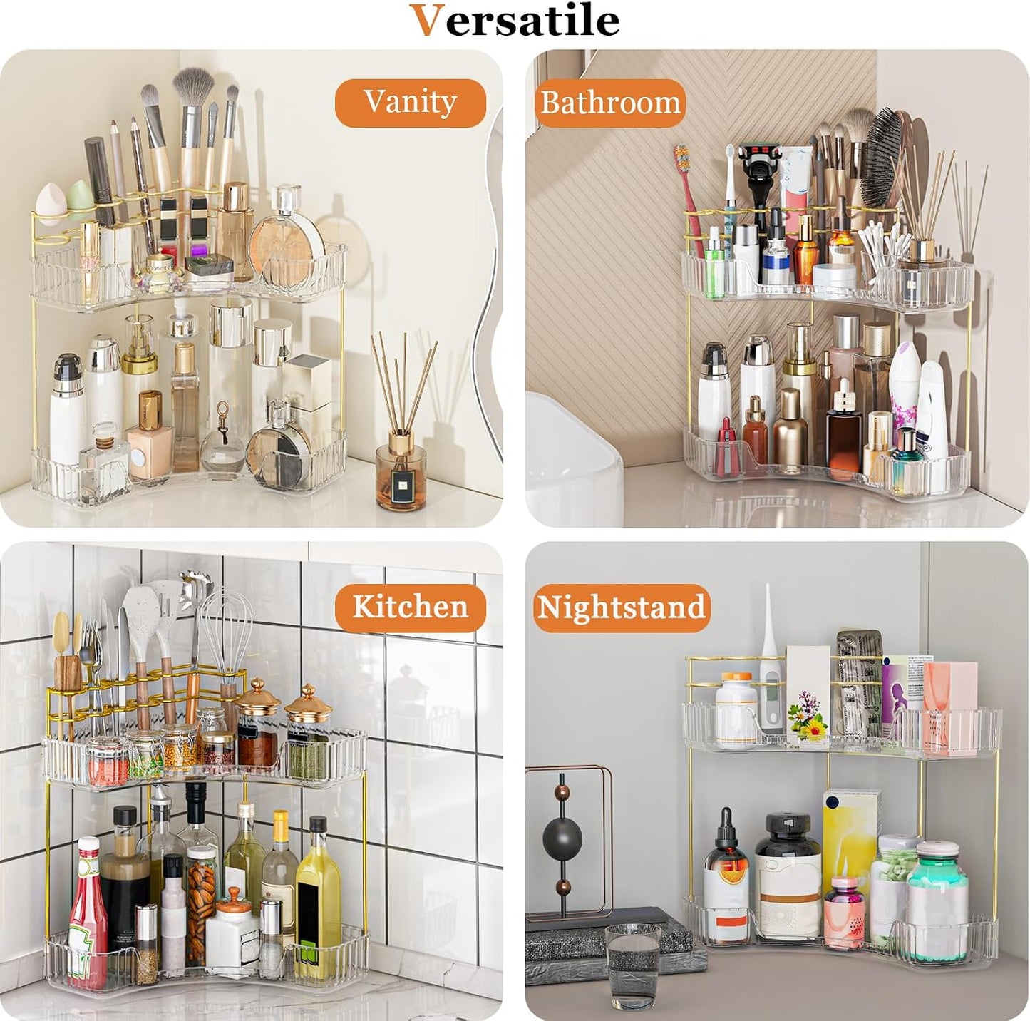 Webetop Corner Makeup Organizer 2 Tier Bathroom Storage with Brush Holder | Space-saving Corner Fit, Clear Acrylic